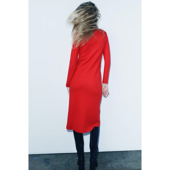ZARA Mock High Neck Knit Midi Dress Red {YY42} - Picture 6 of 12